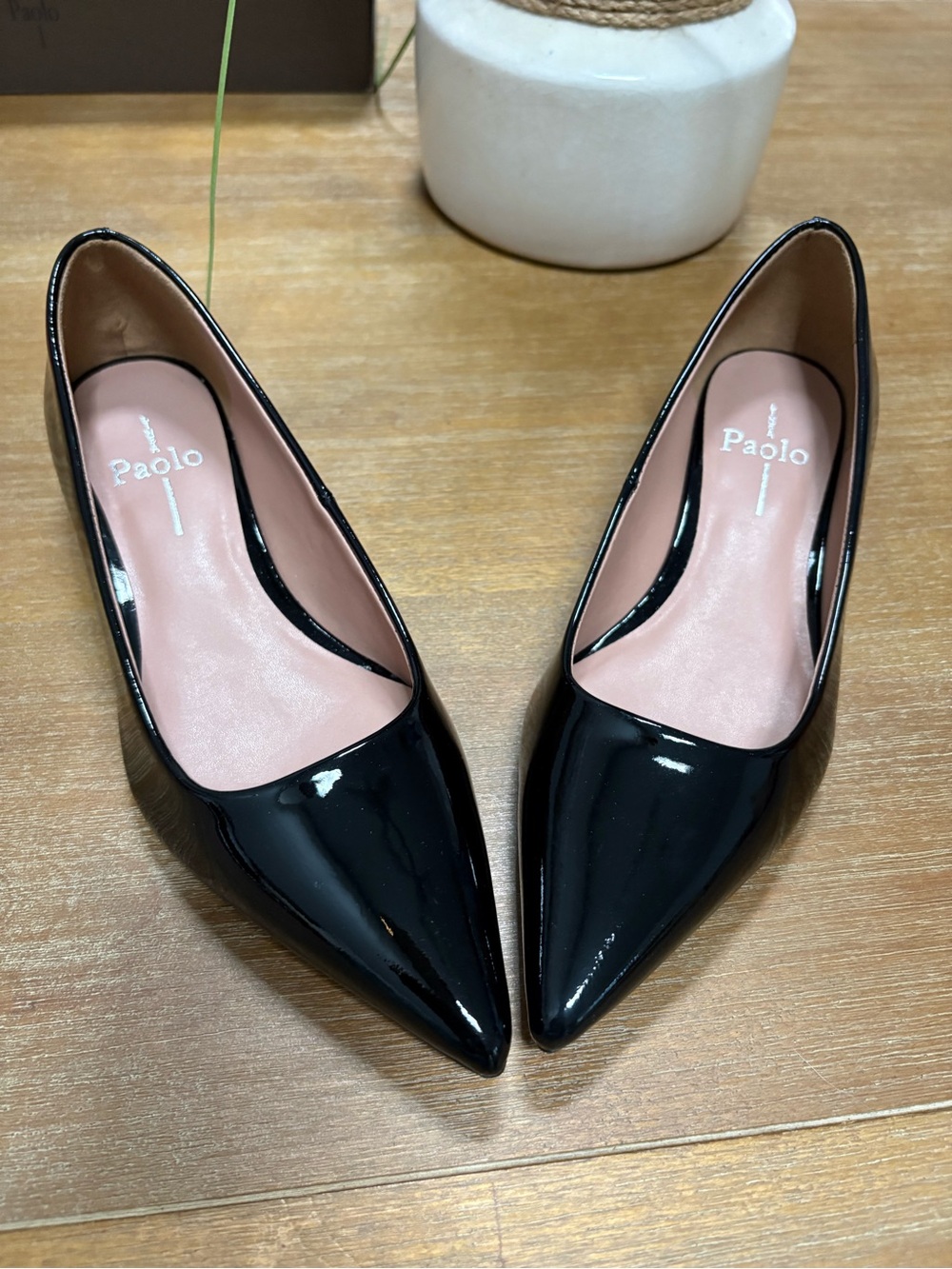 Paolo Black Patent Pointed Toe Pumps With Low Heel